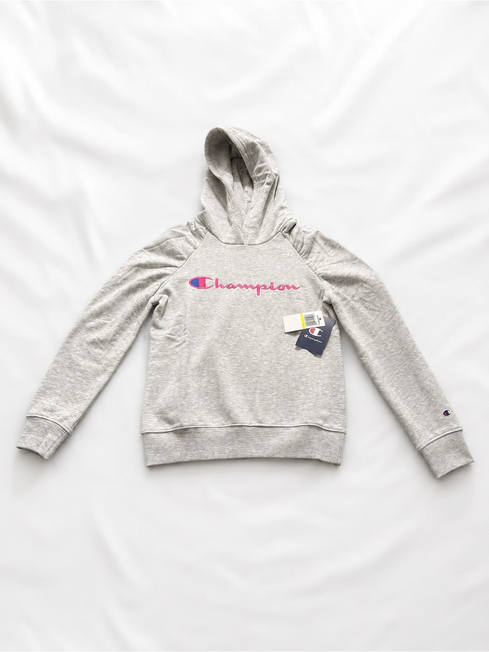Champion Kids Light Gray Hoodie with Pink Logo